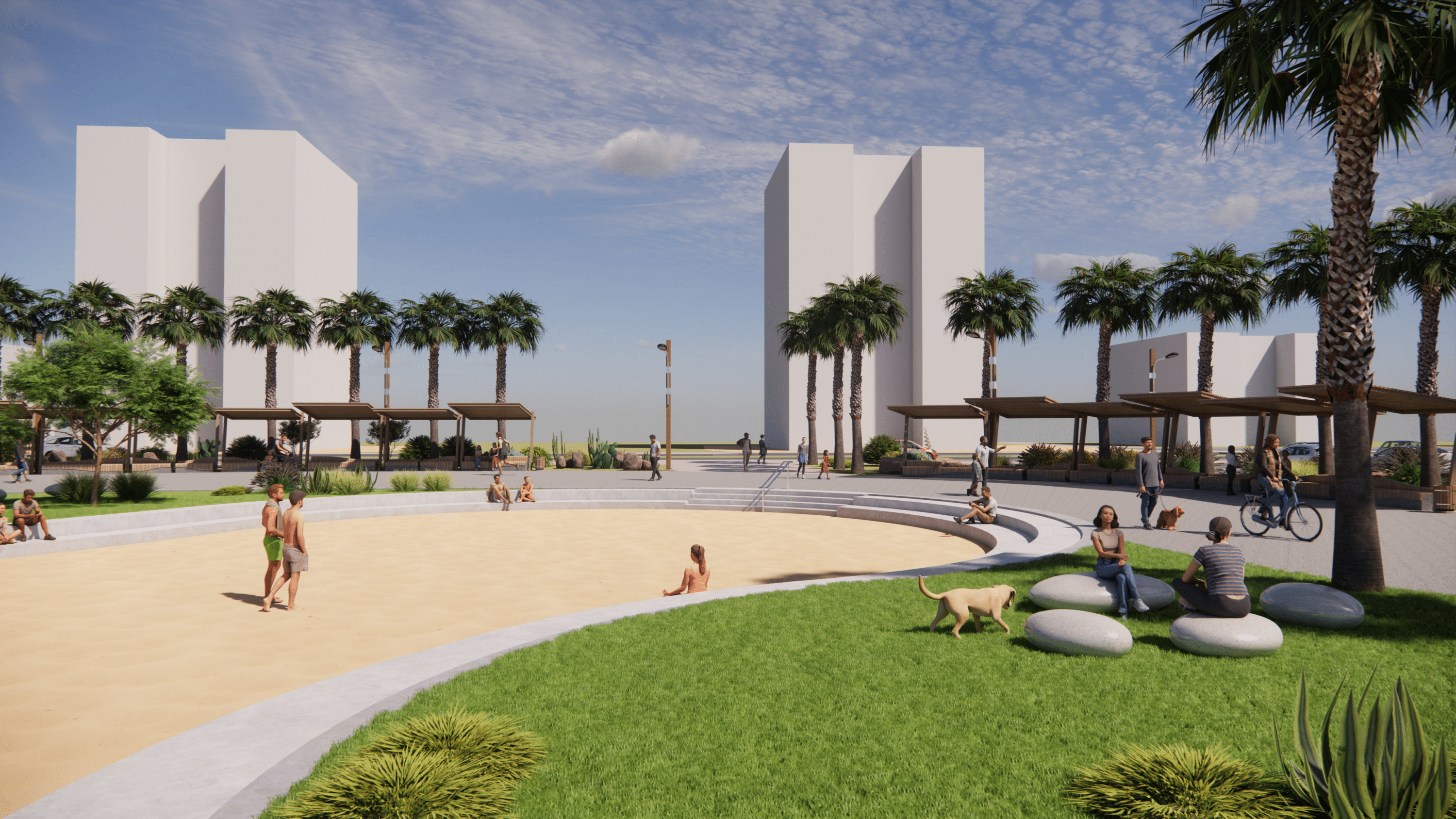 אנשים נרגעים ומטיילים בפארק עירוני מעוצב, שבו יש דשא, חול, עצי דקל ומבנים מודרניים, תחת שמיים מעוננים חלקית.